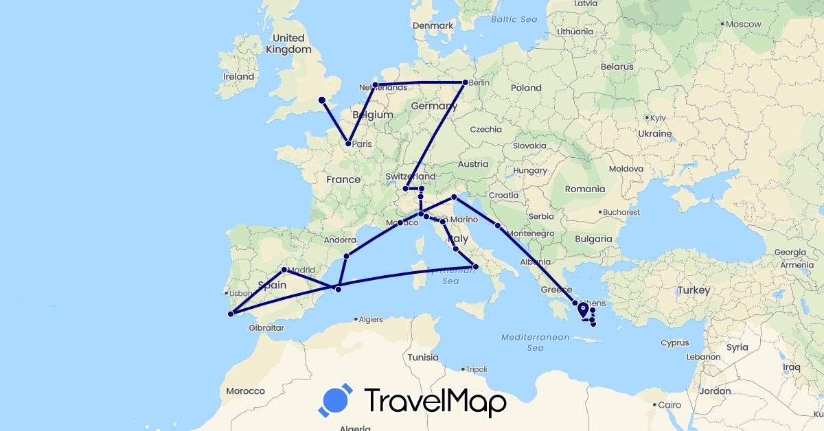 TravelMap itinerary: driving in Switzerland, Germany, Spain, France, United Kingdom, Greece, Croatia, Italy, Netherlands, Portugal (Europe)